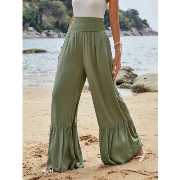 Boho Wide Leg Ruffle Hem Pants green - Picture 1 of 5